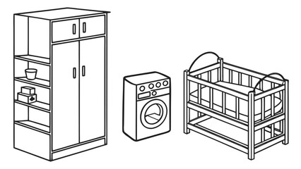 Furniture Vector Line Art Icon Set, Clean CAD Outline Interior Design Elements Isolated on White Background