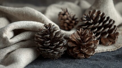 Nordic still life of linen cloth and pinecones, soft daylight