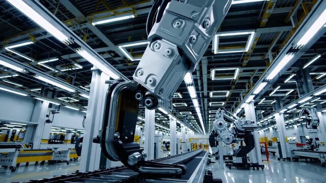 Advanced robotic machinery operates efficiently in a modern manufacturing factory, cutting-edge automation technology and precision engineering. the facility features a sleek, well-organized environme