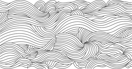 Fototapeta premium Abstract wavy line art pattern, flowing ocean wave illustration, black and white hand drawn swirls, zen doodle background eps vector