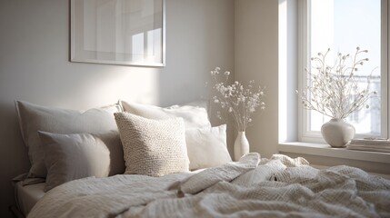 Scandinavian bedroom with gentle winter light and minimal decor