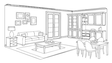 Furniture Vector Line Art Icon Set, Clean CAD Outline Interior Design Elements Isolated on White Background