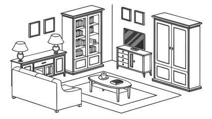Furniture Vector Line Art Icon Set, Clean CAD Outline Interior Design Elements Isolated on White Background