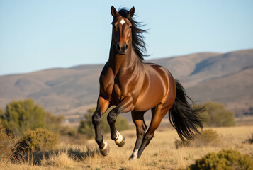 Obraz premium Majestic Brown Horse Running Freely in Desert Landscape at Golden Hour