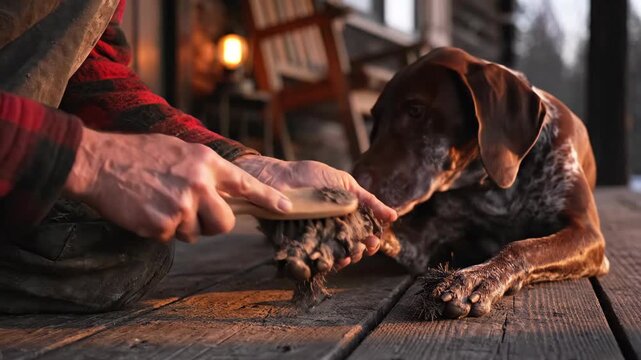 Man cleans a hunting dog's muddy paw with a brush on a wooden porch, showing after hunt pet care footage