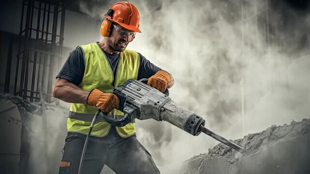 Construction worker using jackhammer for demolition in dusty urban site