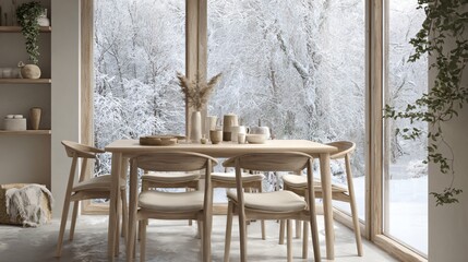 Fototapeta premium Scandinavian interior with pale oak furniture and winter neutrality