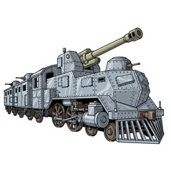 Fototapeta premium Intricate illustration of a formidable armored train, equipped with heavy artillery and protective plating, evoking a historical military concept or steampunk fantasy vehicle