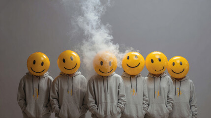Six identical figures in gray hoodies with smiley balloons as heads, one emitting smoke, symbolizing burnout and emotional overload