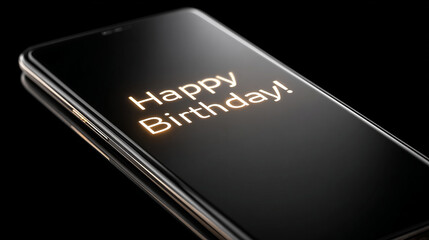 Close-up smartphone with glowing "Happy Birthday!" text on a dark screen; minimal composition, mobile-first aesthetic, modern digital greeting, celebratory mood