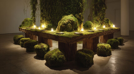 Biophilic dining table with moss-covered wood, warm LED glow, and curated tableware creates a cozy, sustainable, immersive nature experience for mindful eating