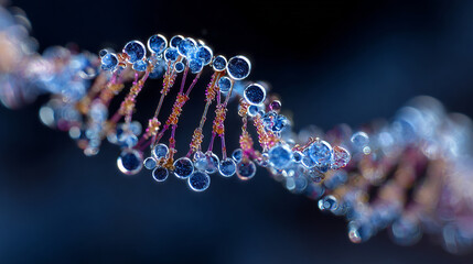 Artistic DNA helix in red hues with transparent beads, evoking AI-driven bioinformatics, CRISPR editing, and molecular beauty. Clean, premium, science-forward visual