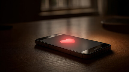 Warm, intimate lighting highlights a glowing heart on a smartphone, expressing affection, anticipation, and app-based relationships
