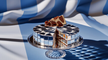 Reflective mirror-paneled cake styled as disco ball, topped with a slice showing checkerboard sponge. Festive centerpiece merging retro nostalgia with modern dessert design