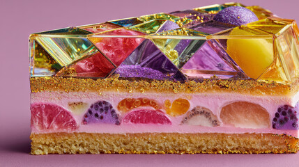 Iridescent patisserie art: stained-glass cake slice with precise facets, vibrant textures, and glossy toppings shaped like pyramid, sphere, and citrus