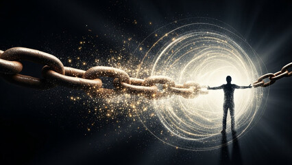Chain dissolving into light particles, trafficking prevention symbolism.