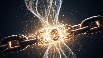 Chain dissolving into light particles, trafficking prevention symbolism.