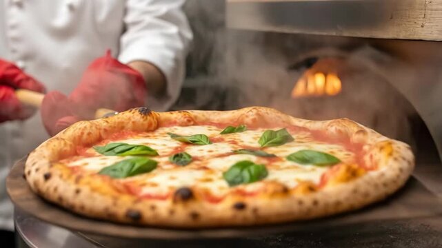 Chef masterfully retrieves freshly baked pizza from woodfired oven with perfect golden crust and basil topping