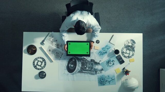 Top view of skilled engineer writing in paper while looking at tablet display green screen with turbine engine sketch design and metal gear and architectural equipment scatter around. Alimentation.