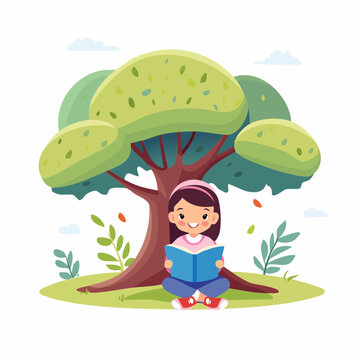 Peaceful little girl reading a book under a large green tree, in bright studio