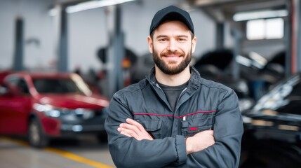 A mechanic stands with arms crossed in a garage. Several cars are seen in the background. The scene shows an active automotive workshop during daylight hours.