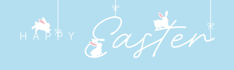 Naklejka premium Easter horizontal banner with white bunny silhouettes, flowers and eggs on light colour pastel background, spring holiday vector with happy easter text