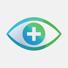 Obraz premium Eye care and medical health icon, featuring a green eye with a blue cross inside, symbolizing ophthalmology and wellness on an isolated white background.