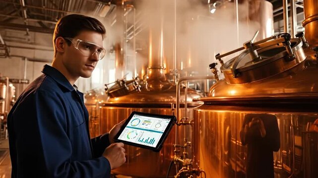 Technician monitors brewing process with digital tablet in modern brewery