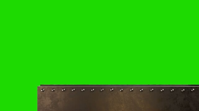 A steampunk-style iron bunker with an embrasure or window. Isolated with green chromakey, luma matte.