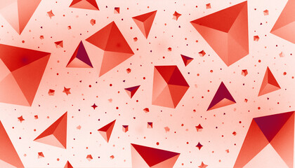 Vibrant geometric composition featuring faceted red pyramids and abstract shapes