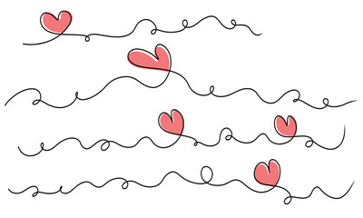 Hand Drawn Pink Hearts on Continuous Line Wave for Romantic Concepts and Valentine's Day Theme