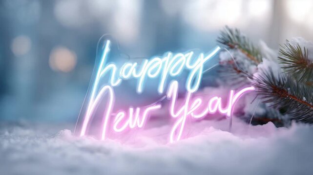 4k happy new year 2026 neon sign glowing in snow, pink and blue neon light reflections, surrounded by pine branches, winter night scene, festive modern composition, cozy