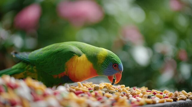 Colorful parrot enjoys a feast of seeds in a lush garden filled with vibrant flowers