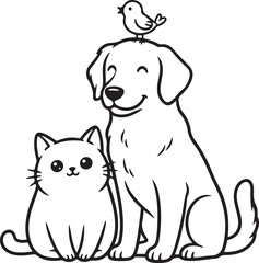 Obraz premium Happy cartoon dog, friendly cat, and a small bird sitting together in a charming line art illustration, pet companionship