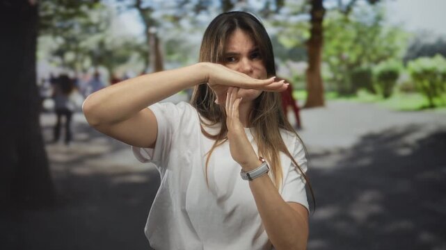 Young hispanic woman in park gesturing timeout while surrounded by vibrant greenery and blurred people in background conveying outdoor leisure and relaxation.