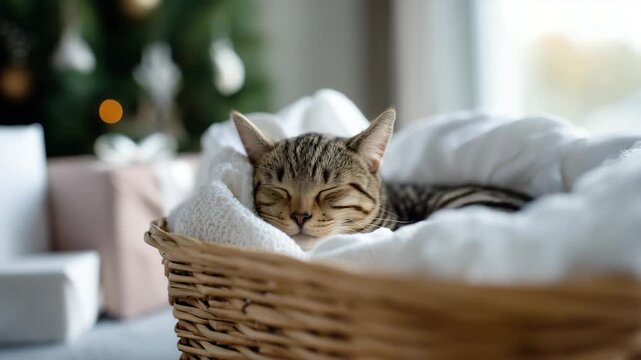 cute tabby cat sleeping in laundry basket with white blanket, surrounded by christmas gifts and decorated tree, cozy festive home atmosphere, warm natural