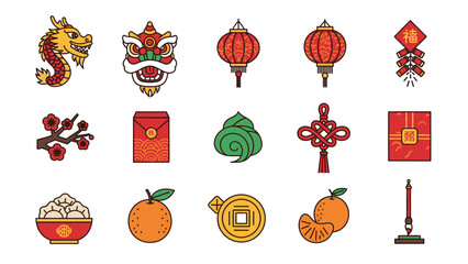 Chinese New Year Icons: Dragon, Lanterns, Firecrackers, Oranges, Money