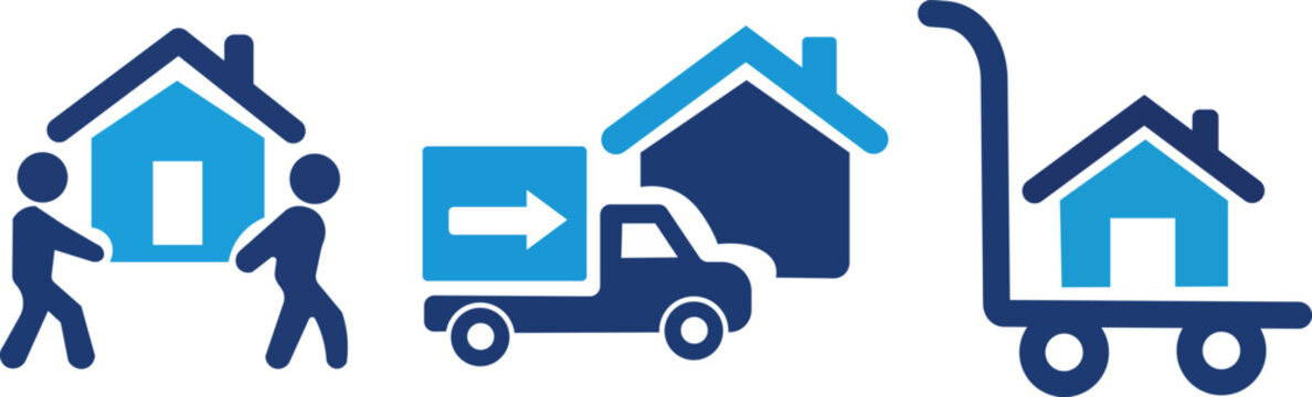 home moving and relocation process icons set with truck movers and house transportation symbols isolated on white background.