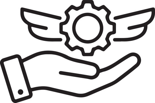 Hand holding a winged gear icon illustrating swift service, optimal performance, advanced technology, and highly efficient business solutions.