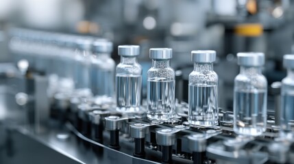 Clear bottles with liquid are being transported on a conveyor belt in a production area. The setting shows industrial equipment and a focus on the manufacturing process.