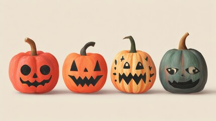 Four pumpkins with various painted faces are lined up against a plain background. This scene captures a fall decoration theme often seen around Halloween time.