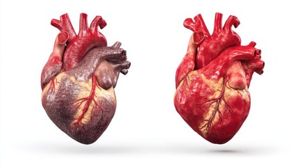 Two human hearts are shown side by side one with normal conditions and the other with signs of poor health. The contrast highlights anatomical differences clearly.