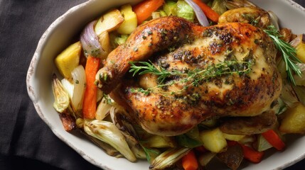 A whole roasted chicken is arranged on a white dish with a variety of vegetables. It is placed on a dark table cloth during a family meal in a kitchen.
