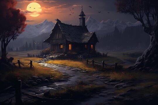 Stone path leading to a rustic cottage with glowing windows under a full moon