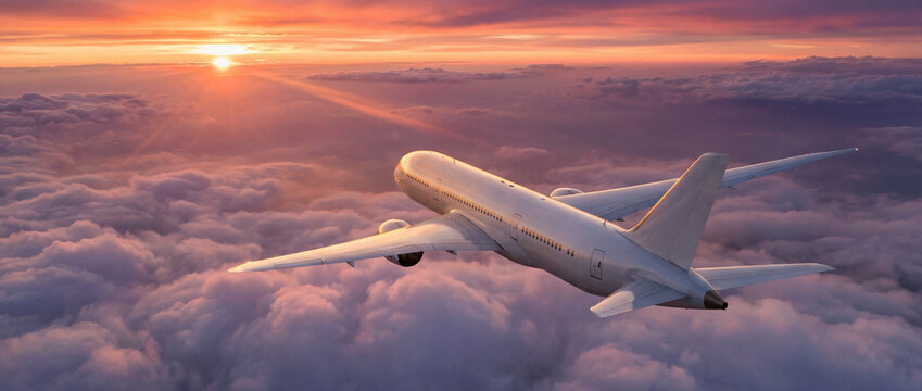 Aerial view of an airplane cruising above clouds under warm sunset sky, pastel orange and pink tones, - Powered by Adobe