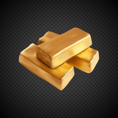 Three realistic golden bar on a black transparent background.3d golden bars on a transparent background