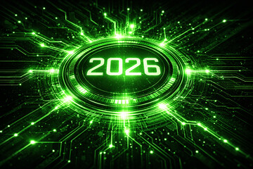 Futuristic glowing green digital circuit board with the year 2026
