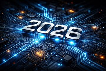 Futuristic 2026 on a glowing digital circuit board