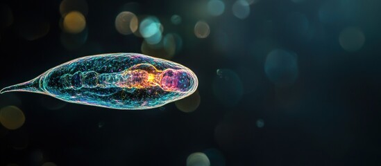 Microscopic organism, vibrant colors, dark background, scientific research
