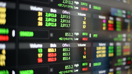 Real-time Financial Market Data Displayed on a Digital Screen, Showing Stock Prices, Bids, Offers, and Volume for Trading Analysis